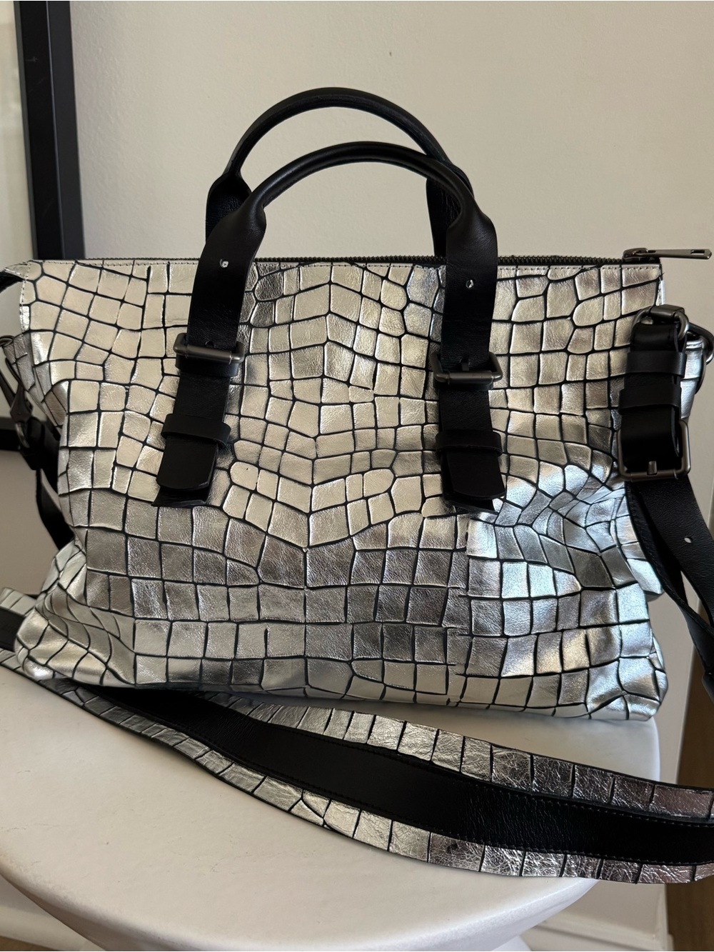 Metallic Silver Croc-Embossed Tote with Black Accents